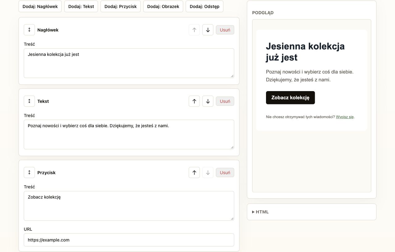 Rzeczywisty edytor FinchSend: bloki wiadomości, ustawienia i podgląd newslettera